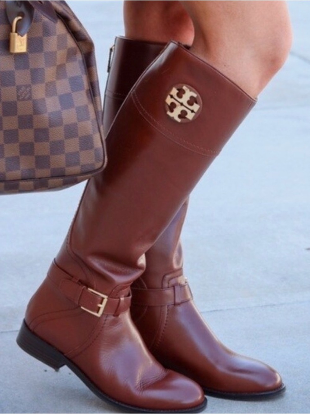 Tory Burch Brown Leather Knee Boots with Gold Emblem